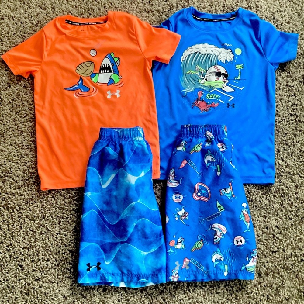 Boys Size 7 Under Armour Swim Trunks and Rash Guards